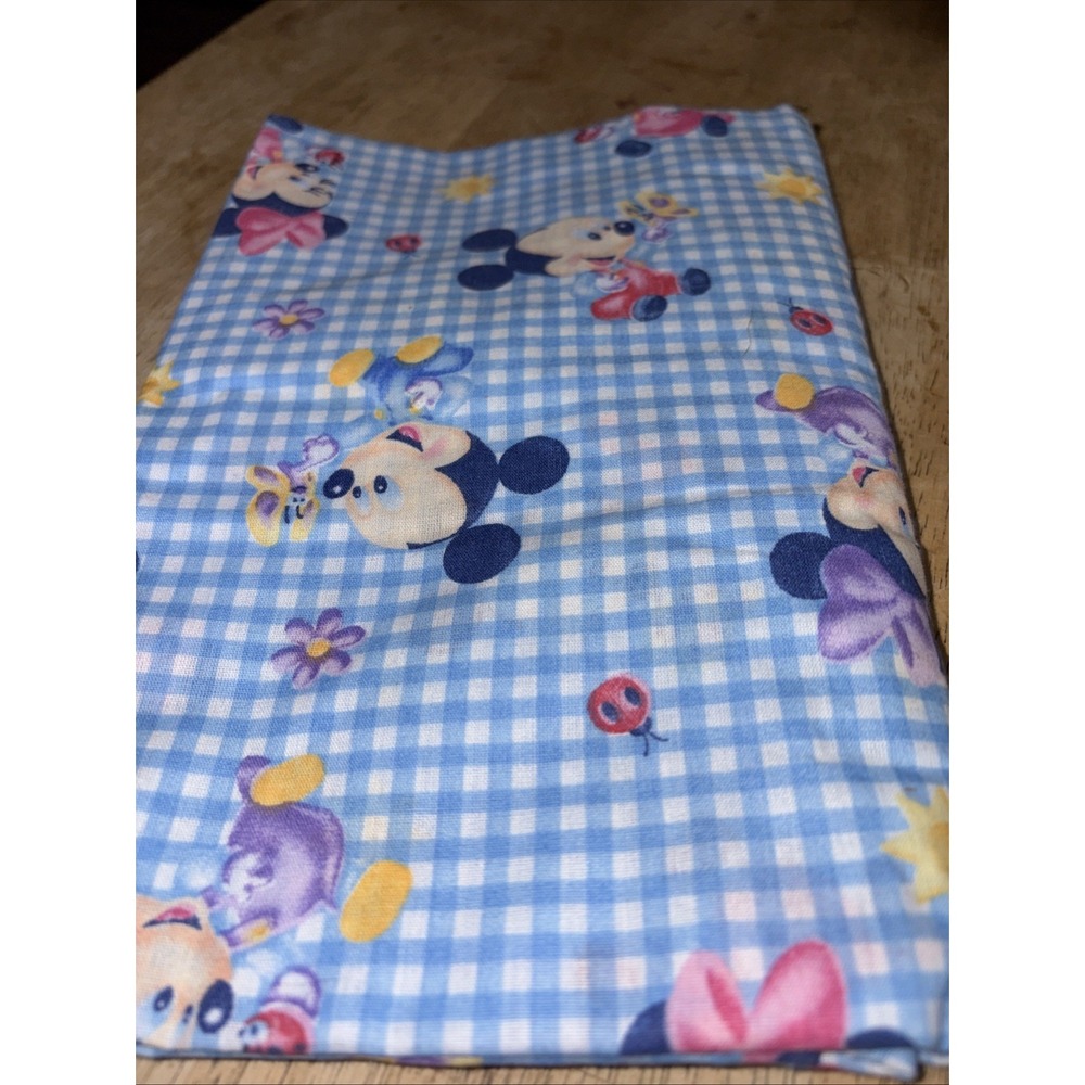 Vintage Disney Babies Mickey Minnie Mouse Fitted Crib Sheet Blue Gingham Bedding